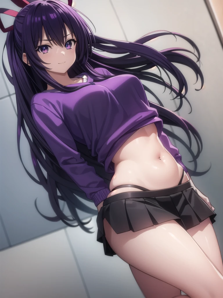 tohkayatogami, tohka yatogami casual, long hair, purple hair, alluringly smile , crop top hoodie, gray colour hoodie, loose fabric, long sleeves, belly button , short skirt, black skirt ,thighs garter belt , thighs high, (purple eyes:1.1), hair ribbon, ponytail, purple hair, white ribbon, E cup breasts, bewitched thighs, slender waist, plump butt , sneakers
BREAK ,
BREAK daylight ,alone,
BREAK looking at viewer, standing, tilt head, look cute
BREAK (masterpiece:1.2), best quality, high resolution, unity 8k wallpaper, (illustration:0.8), (beautiful detailed eyes:1.6), extremely detailed face, perfect lighting, extremely detailed CG, (perfect hands, perfect anatomy),