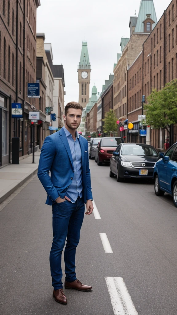 Generate a picture of a beautiful men with blue eyes, full size picture, top to bottom, 4k, head full body picture, standing in canada streets, realistic, proper leg and hand, hd quality, with car