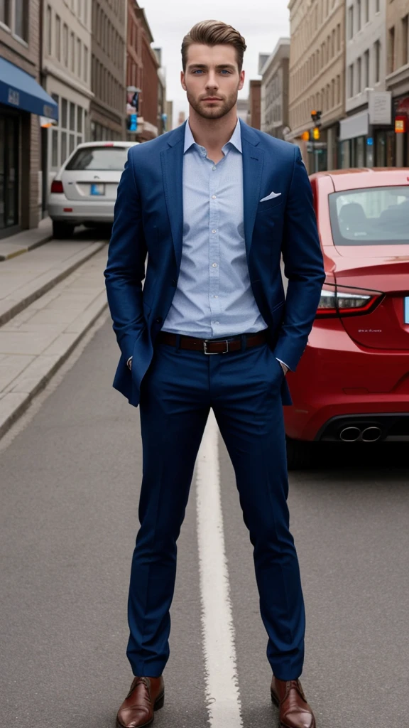 Generate a picture of a beautiful men with blue eyes, full size picture, top to bottom, 4k, head full body picture, standing in canada streets, realistic, proper leg and hand, hd quality, with car