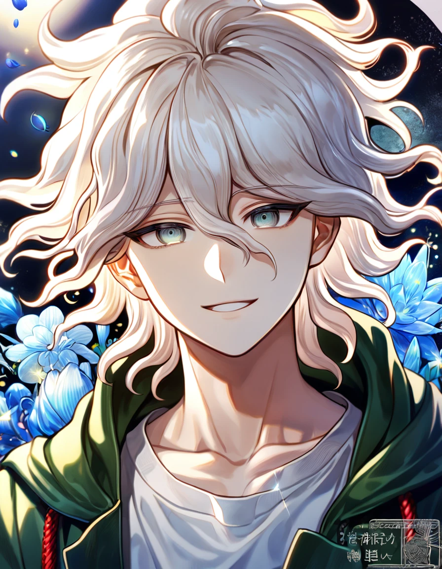 absurdres, highres, ultra detailed, HDR, master piece, Komaeda Nagito, white hair, expressive light green-grey eyes, green coat with a hoodie,white shirt, Danganronpa, man, handsome, best quality, blue moon, flowers, fantasy, magical, solo, water, blue shining fireflies, blue petals, handsome smile,