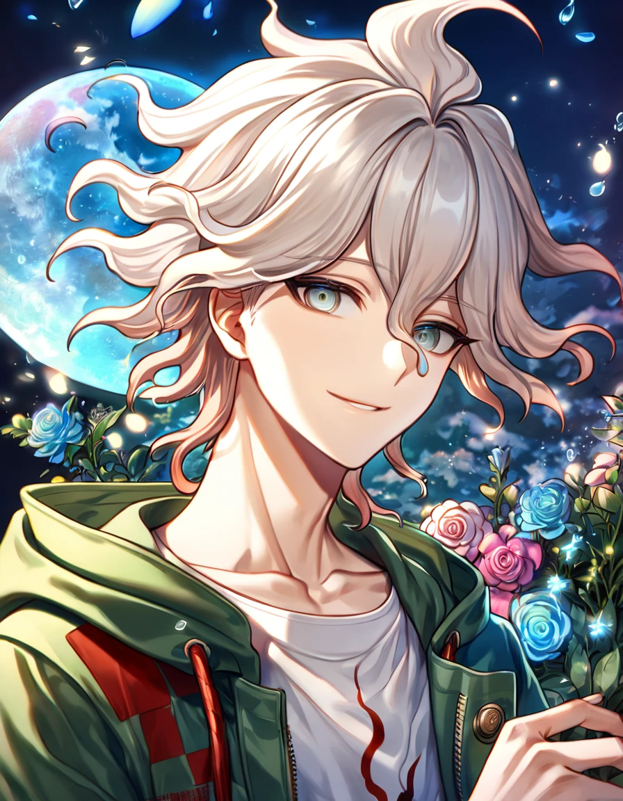absurdres, highres, ultra detailed, HDR, master piece, Komaeda Nagito, white hair, expressive light green-grey eyes, green coat with a hoodie,white shirt, Danganronpa, man, handsome, best quality, blue moon, flowers, fantasy, magical, solo, water, blue shining fireflies, blue petals, handsome smile,