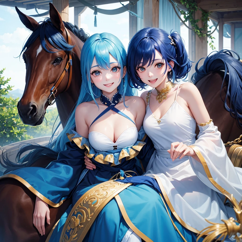 A happy and smiling but normal person with blue hair and calm but lively, Ojo, horse and colored skin but nothing too extravagant