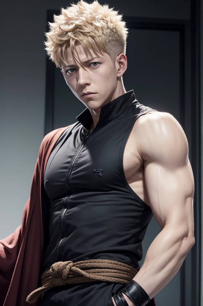 Jujutsu Kaisen anime painel for a boy, he was brown hair, and hazel eyes, he is a sorcerer, the skin is white and the hair is tied.