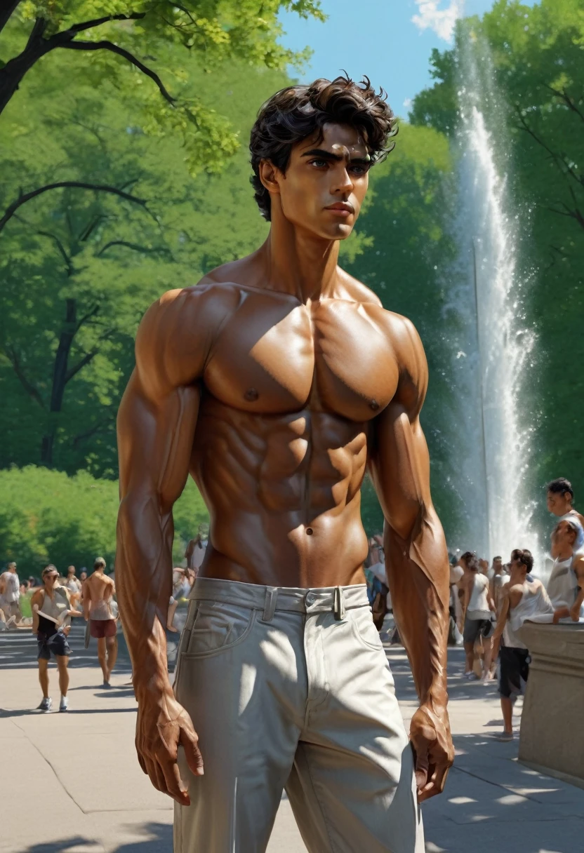 Prompt: ((1 man view from front, walking in central park looking back to the camara)) (( NAKED front fullbody)), In leng jun and norman rockwell art style, hd, 8k resolution, FULLBODY, 16k resolution, hd, fullbody, view from the floor A young man, latino, cinnmon skin, thin face, straight nose, thin lips, square chin, large black eyes, short black, wavy hair, in roberto ferri style, aesthetic slim athletic body, very tall, latino, realistic skin, gorgeous, realistic detailed tonned muscles, barefoot, perfect anatomy, muscled fitness body, 195cm tall, realistic skin, skinny realistic detailed muscles, he is NAKED, walking on central park in new york, man looking back to the camara relaxed body lenguaje, relaxed face expresion. ((side view, storbe lighting, Leading Lines composition )) background bethesta fountain central park in new york,
