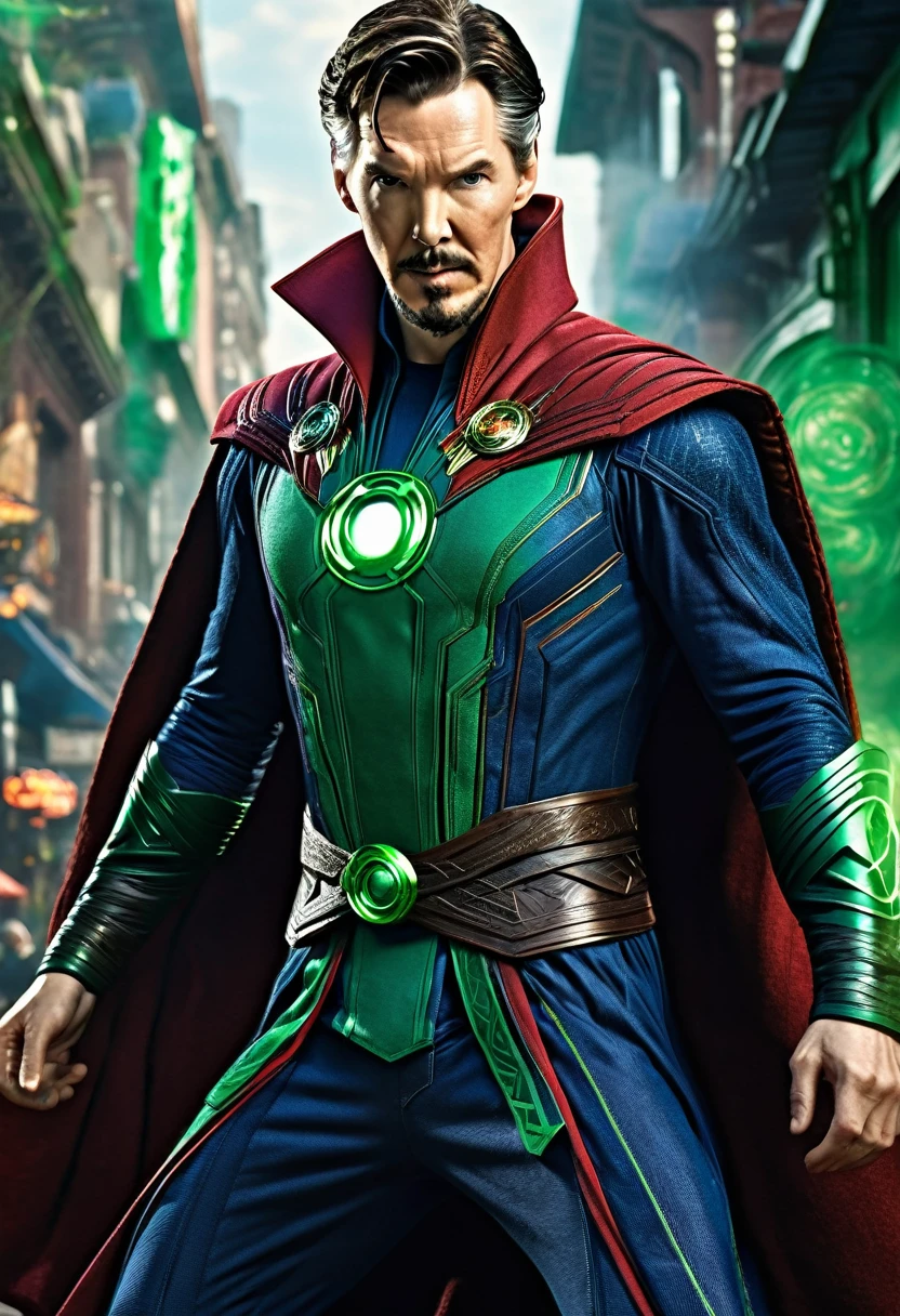 A full body (8k, RAW photo, best quality, masterpiece:1.2), ultra detailed, official art, photo-realistic:1.37, upper body shot, Doctor strange as green lantern ultra detailed cinematic film grain, action pose
