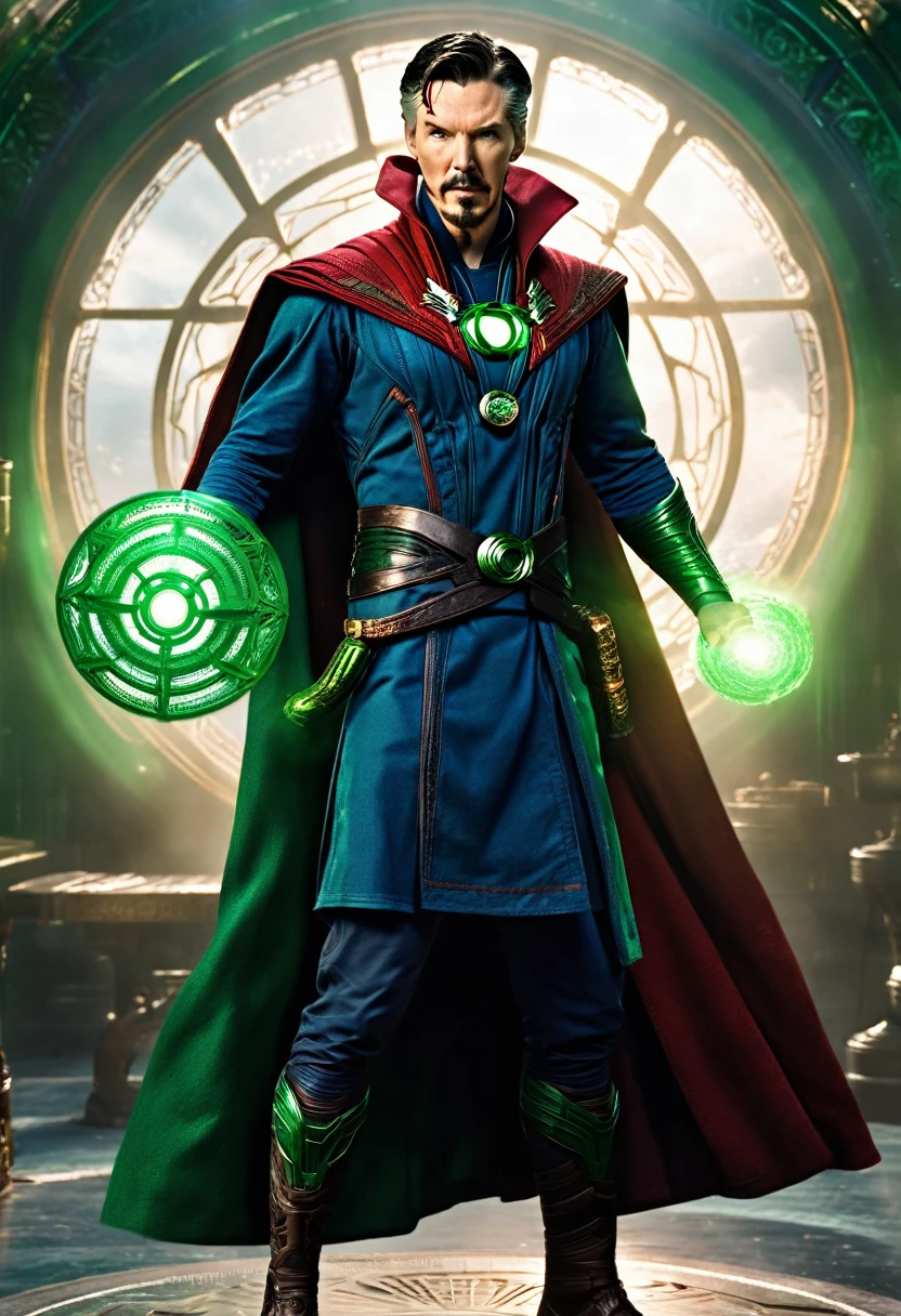 A full body (8k, RAW photo, best quality, masterpiece:1.2), ultra detailed, official art, photo-realistic:1.37, upper body shot, Doctor strange as green lantern ultra detailed cinematic  film grain, action pose
