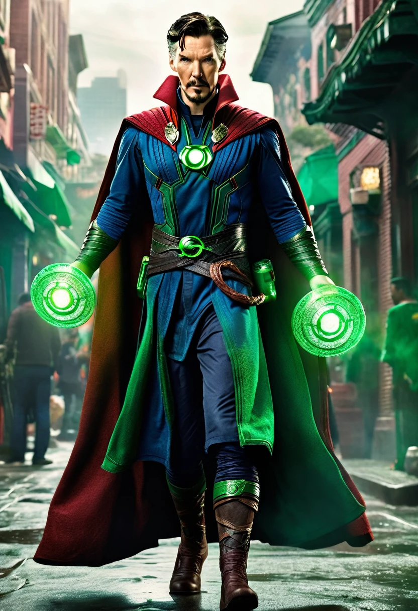 A full body (8k, RAW photo, best quality, masterpiece:1.2), ultra detailed, official art, photo-realistic:1.37, upper body shot, Doctor strange as green lantern ultra detailed cinematic  film grain, action pose