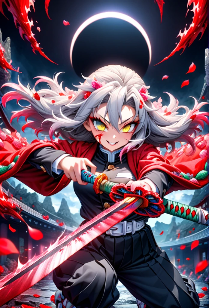 Ultra detailed, highres, absurdres, HDR, master piece, anime girl, pretty woman, white long hair with red streaks, expressive yellow eyes, red haori, black demon slayer uniform, Kimetsu No Yaiba, fantasy, petals, red flowers, pretty, woman grabbing a sword, solo, magic, shining red blood details, eclipse, best quality, extremely detailed face and eyes, blood, grabbing a sword, fighting, smilling, psychopath simile, feral expression, blood power