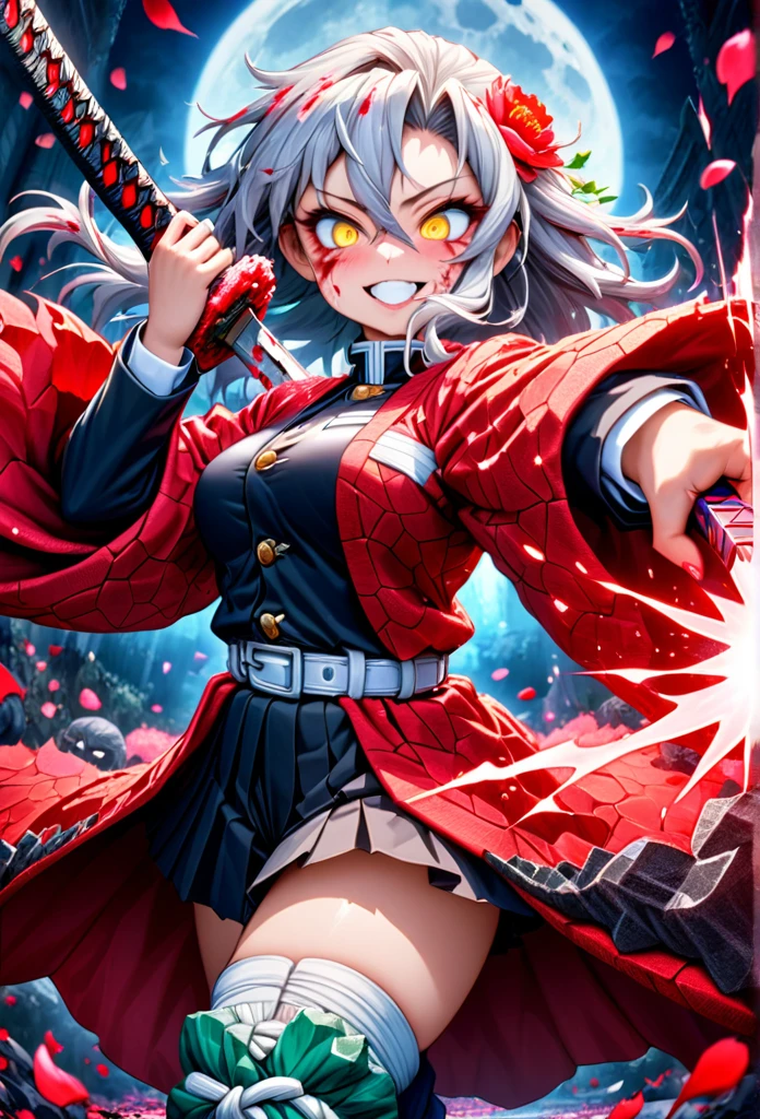 Ultra detailed, highres, absurdres, HDR, master piece, anime girl, pretty woman, white long hair with red streaks, expressive yellow eyes, red haori, black demon slayer uniform, Kimetsu No Yaiba, fantasy, petals, red flowers, pretty, woman grabbing a sword, solo, magic, shining red blood details, eclipse, best quality, extremely detailed face and eyes, blood, grabbing a sword, fighting, smilling, psychopath simile, feral expression, blood power