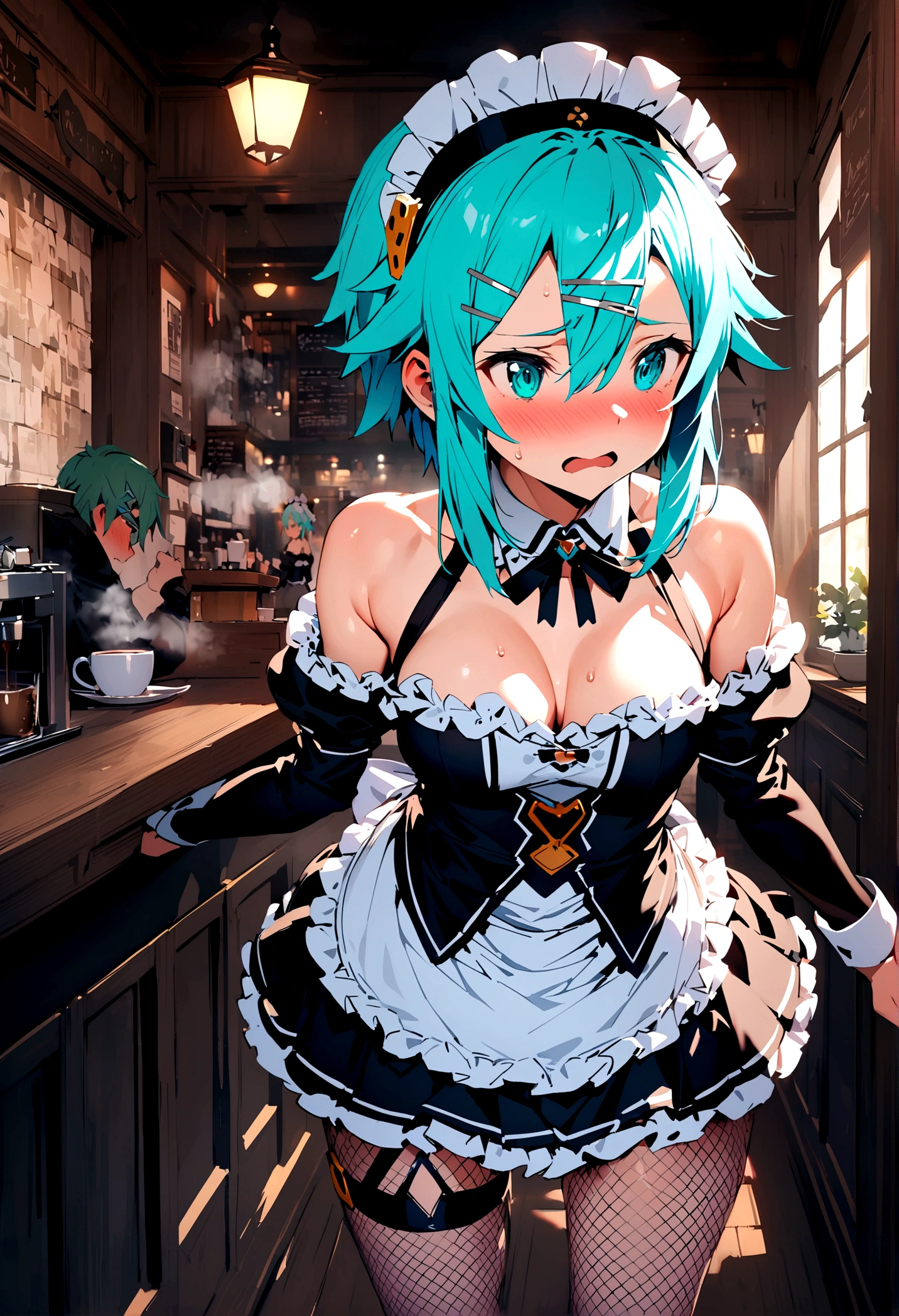 NSFW,masterpiece,Highest quality,High resolution,Super detailed,Sinon\(Sword Art Online\),(Maid clothes),Off the shoulder,Micro Mini Skirt,Headdress,Fishnet tights, hair ornaments, Hair Clip,Embarrassed,expectant face,Favorable face,sexual excitement,blush,nervous,Coffee shop,old-fashioned room