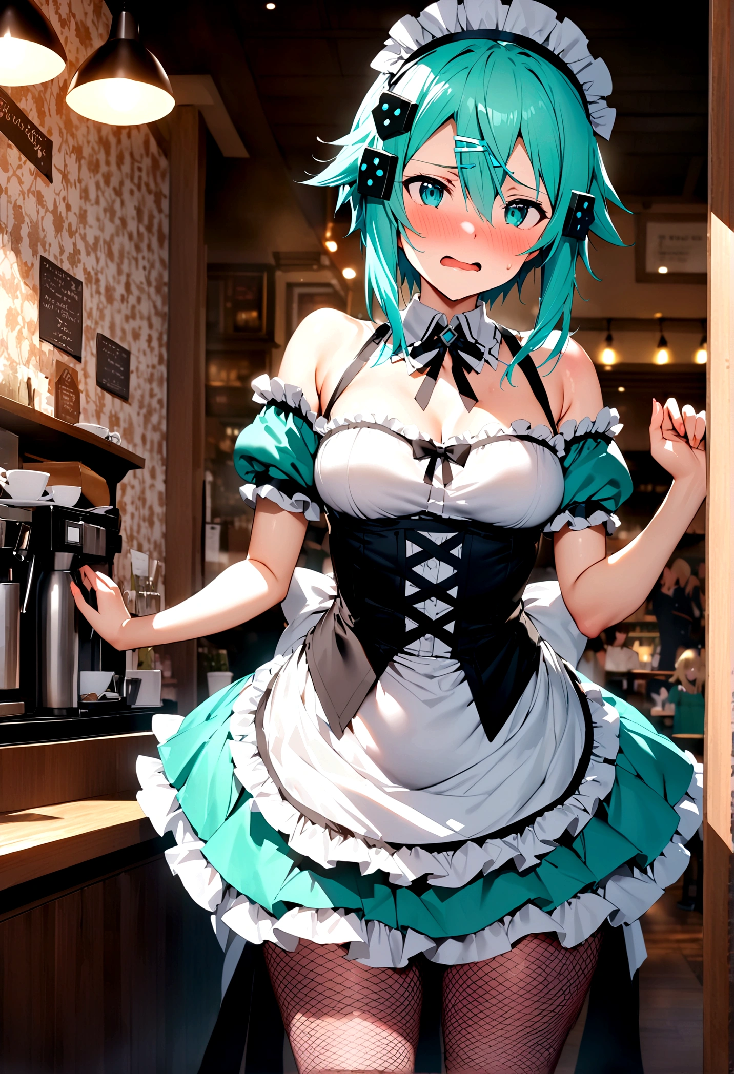 NSFW,masterpiece,Highest quality,High resolution,Super detailed,Sinon\(Sword Art Online\),(Maid clothes),Off the shoulder,Micro Mini Skirt,Headdress,Fishnet tights, hair ornaments, Hair Clip,Embarrassed,expectant face,Favorable face,sexual excitement,blush,nervous,Coffee shop,old-fashioned room