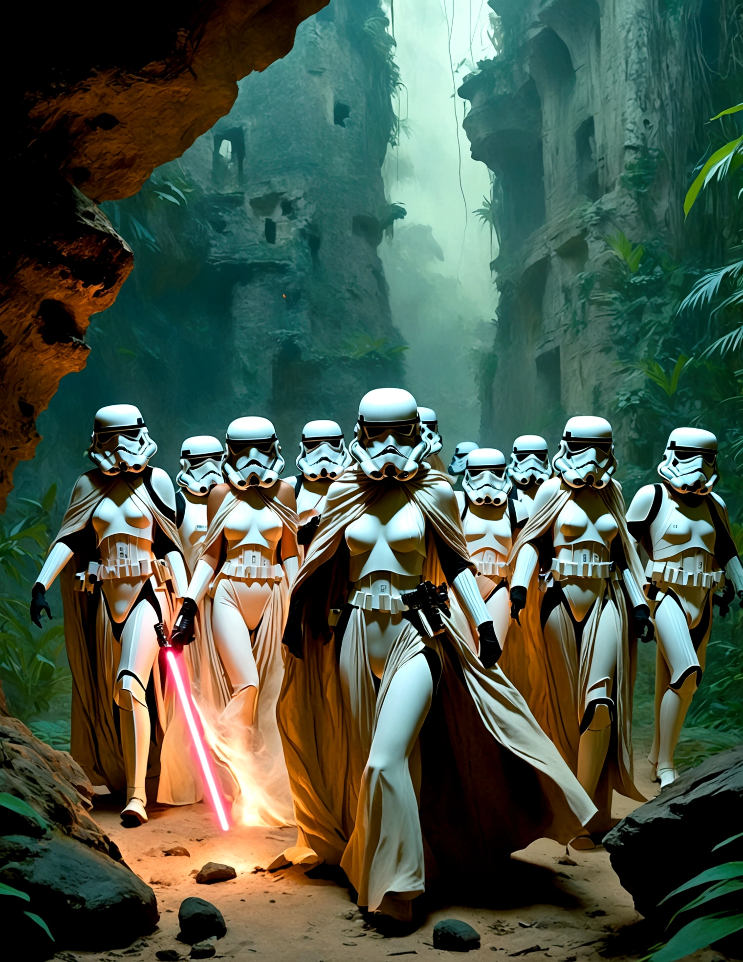 Star Wars, Storm troopers are attacking a coven of lesbian witches (plain robes, nude underneath) in a stone archaic fortress on a remote jungle world