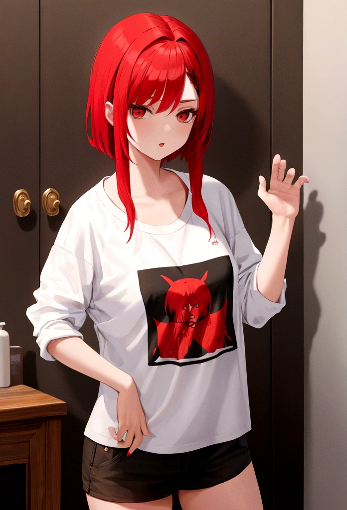 1 girl, Red haired emo, wearing short, casual stay-at-home clothes.