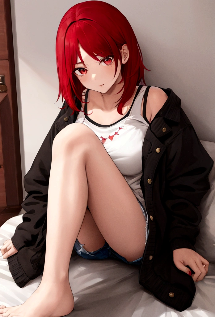 1 girl, Red haired emo, wearing short, casual stay-at-home clothes.