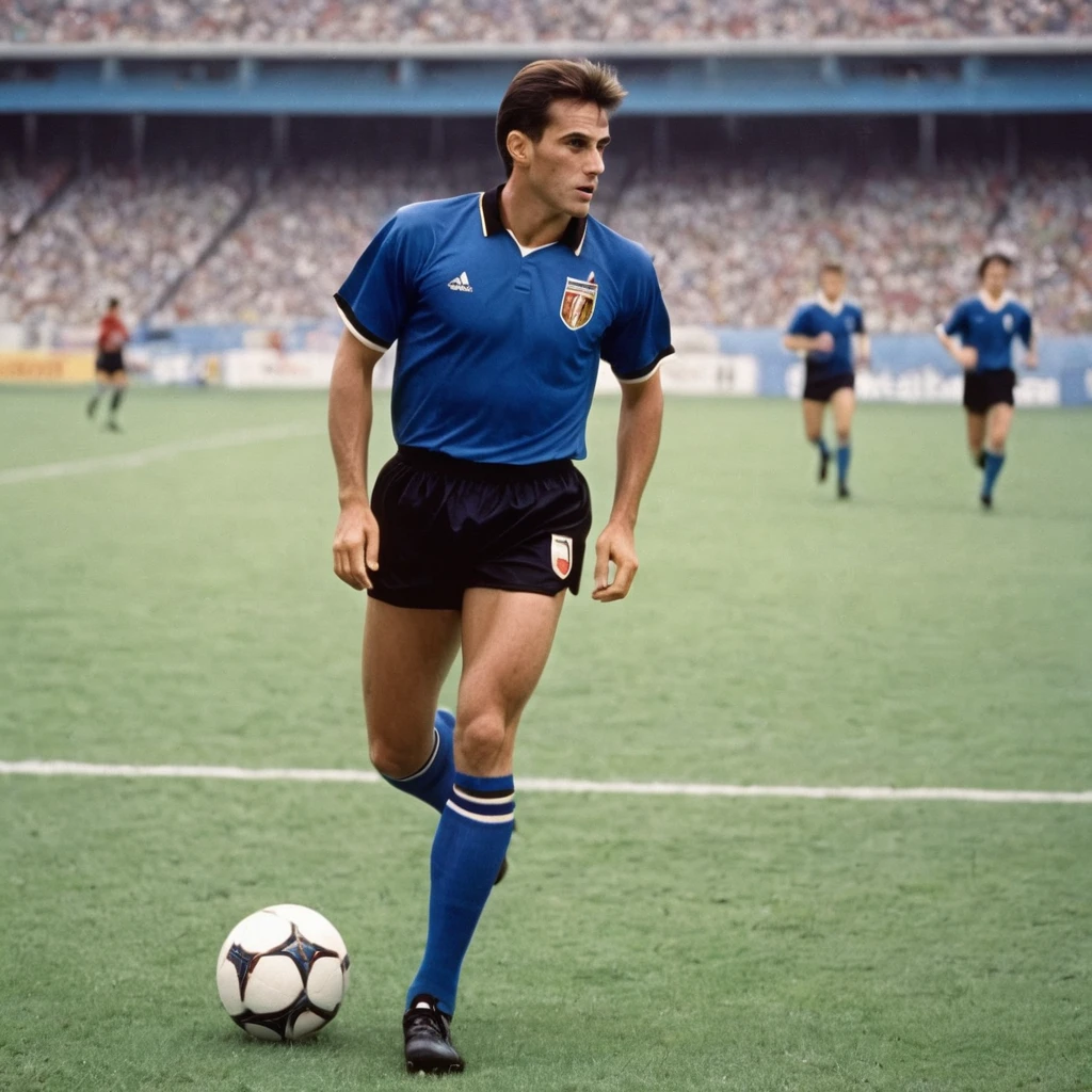 A football player from a national team with the blue uniform and black shorts from the 90s