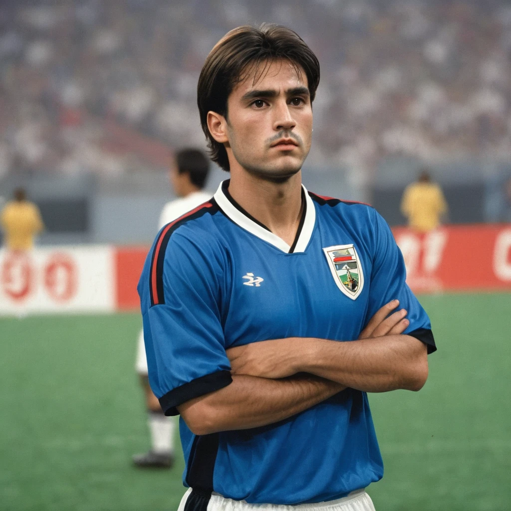 A football player from a national team with the blue uniform and black shorts from the 90s