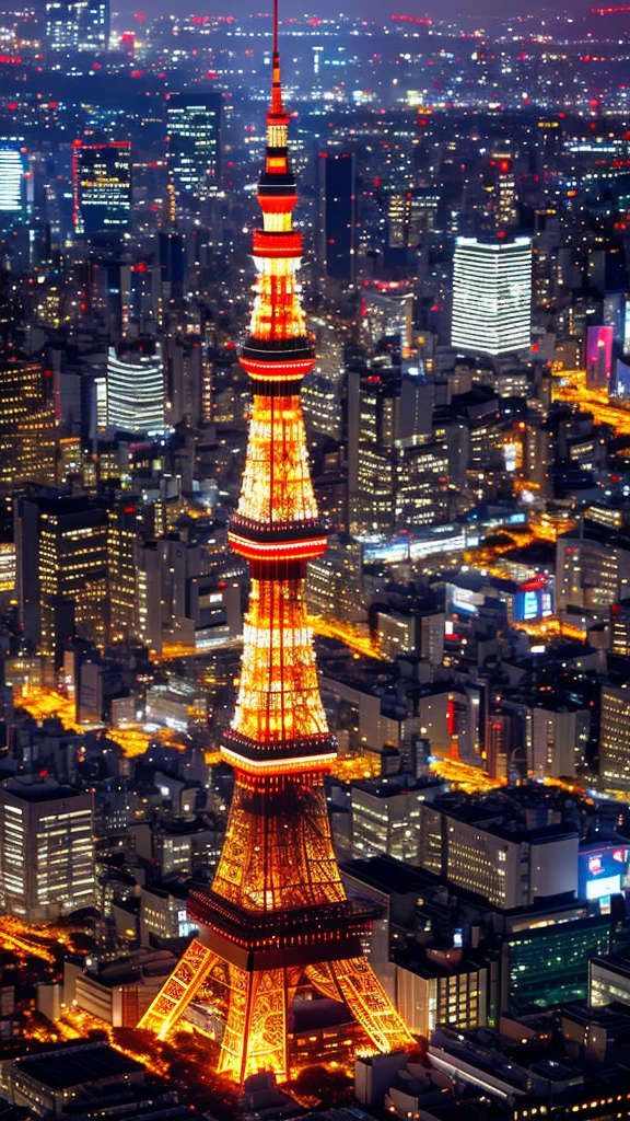 Illuminated Tokyo Tower、Highly detailed shot from above、SIGMA 85 mm F1.Four award-winning film scenes、Structure of the film、Cinema Lighting