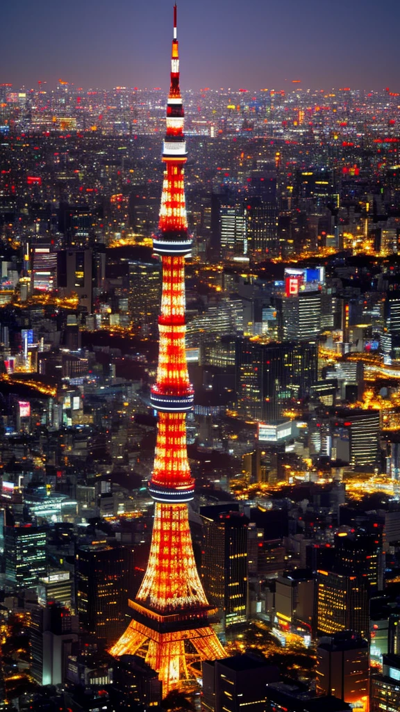 Illuminated Tokyo Tower、Highly detailed shot from above、SIGMA 85 mm F1.Four award-winning film scenes、Structure of the film、Cinema Lighting