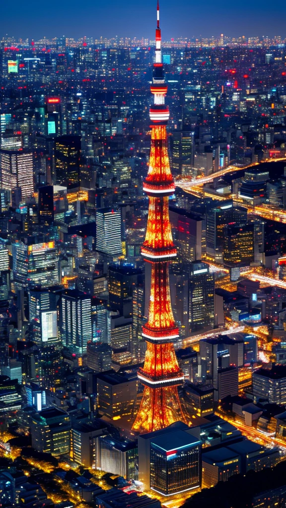 Illuminated Tokyo Tower、Highly detailed shot from above、SIGMA 85 mm F1.Four award-winning film scenes、Structure of the film、Cinema Lighting