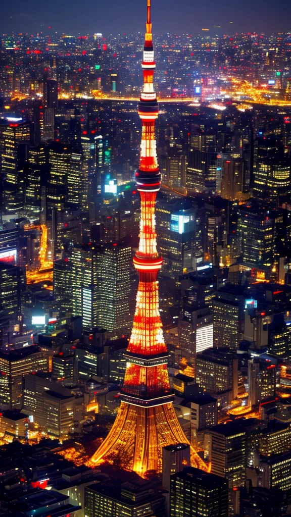 Illuminated Tokyo Tower、Highly detailed shot from above、SIGMA 85 mm F1.Four award-winning film scenes、Structure of the film、Cinema Lighting