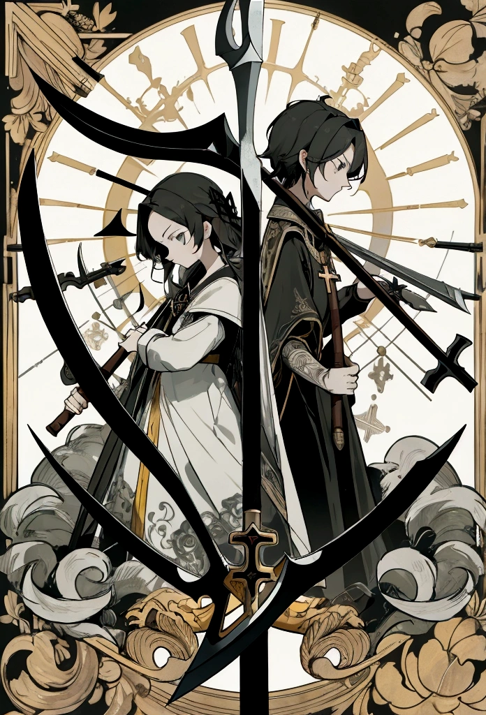 "Family crest a scythe on the left, a hammer in the right and a cross at the top.