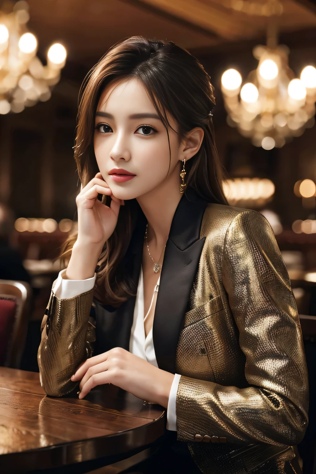 masterpiece, Highest quality, Realistic, Very detailed, Finer details, High resolution, 8k wallpaper, One beautiful woman,Wear a nice suit, In a great restaurant, At night, Light brown messy hair, Perfect dynamic composition, Beautiful and beautiful eyes、Big earrings、Sit on a chair