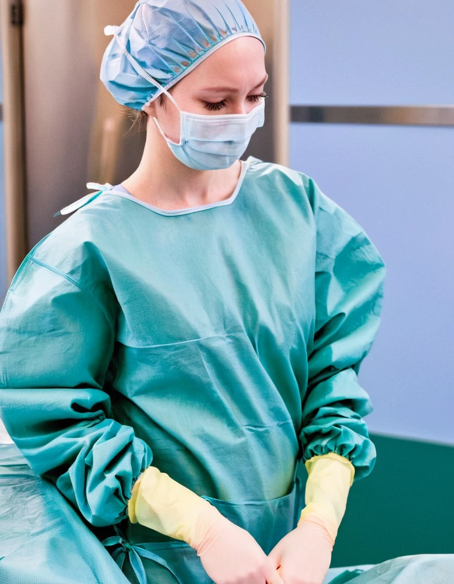 score_9, score_8_up, score_7_up, pale skin, his face showed signs of embarrassment, scrubs, surgical mask, surgical cap, long sleeve surgical gown, cover your ears,
1girl, big breasts, solo, rubber gloves, looking down, furrowed brow, hospital bed, standing