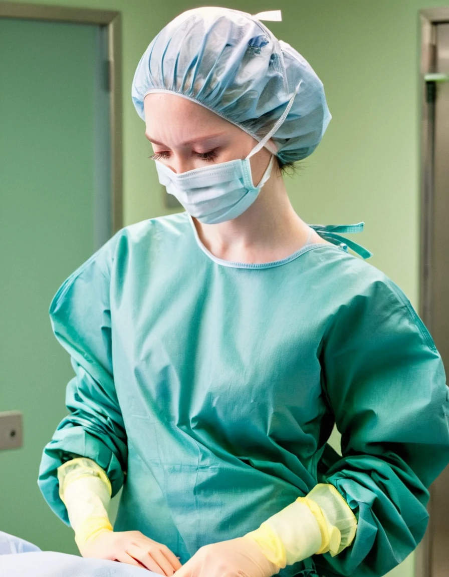 score_9,  score_8_up, score_7_up, pale skin, his face showed signs of embarrassment,  scrubs, surgical mask, surgical cap, long sleeve surgical gown, cover your ears,
1girl, big breasts, solo, rubber gloves, looking down, furrowed brow, hospital bed, standing