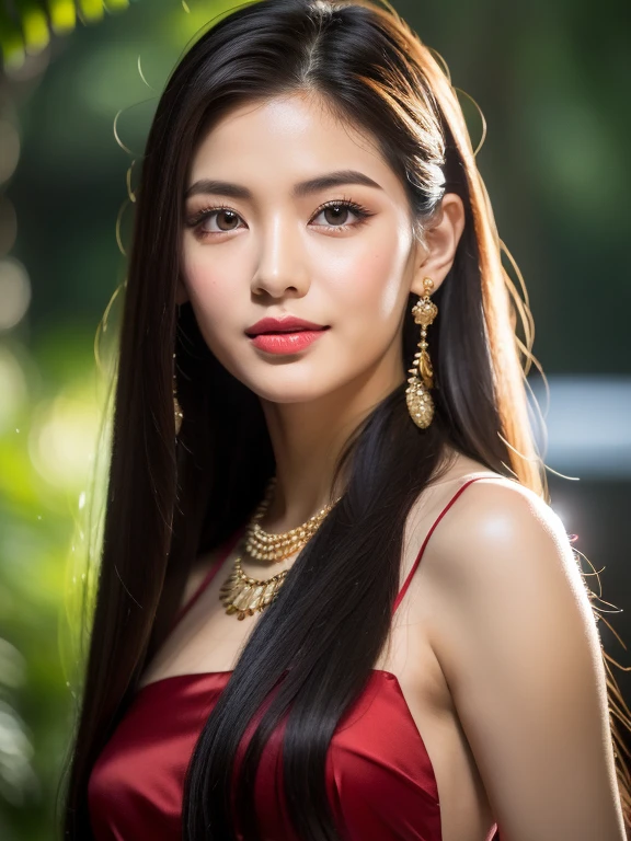 （8K resolution，Faraway view，Photographs of legultiple women，20yr old，（The facial features of Thai Aump：1.8，Thin skeletal cheeks，s delicate face），com rosto detalhado，Lovely face，com rosto detalhado，Detailed face，Ultra-fine makeup，Black colored eyes，（Look into the camera），Long dark red hair，（Messy has layers），Redlip，Fair ，（Best Skin Type：1.21），mediuml breasts，thighs,（（Thai evening dress：Siwalai，Delicate shawl straps，Luxurious ladies' tube dresses），A small number of flower hairpins，Luxurious necklaces and bracelets），Tall and tall，The action of flying kisses，perfect hand，Ultra-fine clothing material），（party，banquet，tropical treelower wall，Exquisite environmental detailhilarated，confident smile，Rejoice，intimacy，Jealoulourish），（profesional lighting，Dynamic Lighting），（（The colors are relatively uniform，Noble sexy，vivaciousness，rays of sunshine（golden colored，red colour，in pink））），（Golden section，Cinema lenses，Dynamic shots，Hasselblad photograp，tmasterpiece：1.3），（adolable，rays of sunshine，vivaciousnesistic，Raised sexy，Celebrity，trendsetting，Folklore，Artis，Art platform, frontview,show thighs