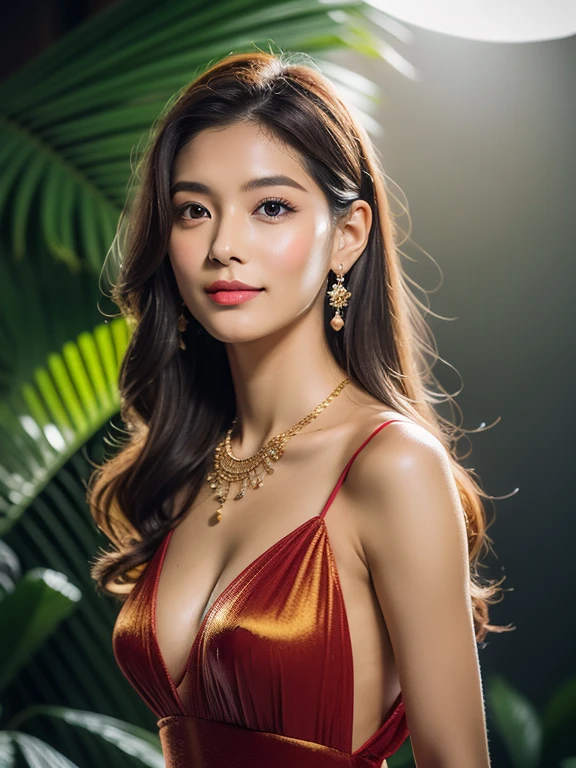 (8K resolution,Faraway view,Photographs of legultiple women,20yr old,(The facial features of Thai Aump:1.8,Thin skeletal cheeks,s delicate face),com rosto detalhado,Lovely face,com rosto detalhado,Detailed face,Ultra-fine makeup,Black colored eyes,(Look into the camera),Long dark red hair,(Messy has layers),Redlip,Fair ,(Best Skin Type:1.21),mediuml ,thighs,((Thai evening dress:Siwalai,Delicate shawl straps,Luxurious ladies' tube dresses),A small number of flower hairpins,Luxurious necklaces and bracelets),Tall and tall,The action of flying kisses,perfect hand,Ultra-fine clothing material),(party,bt,tropical treelower wall,Exquisite environmental detailhilarated,confident smile,Rejoice,intimacy,Jealoulourish),(profesional lighting,Dynamic Lighting),((The colors are relatively uniform,Noble sexy,vivacioess,rays of sunshine(golden colored,red colour,in pink))),(Golden section,Cinema lenses,Dynamic shots,Hasselblad photograp,tmasterpiece:1.3),(adolable,rays of sunshine,vivaciousnesistic,Raised sexy,Celebrity,ndsetting,Folklore,Artis,Art platform, frontview,show thighs