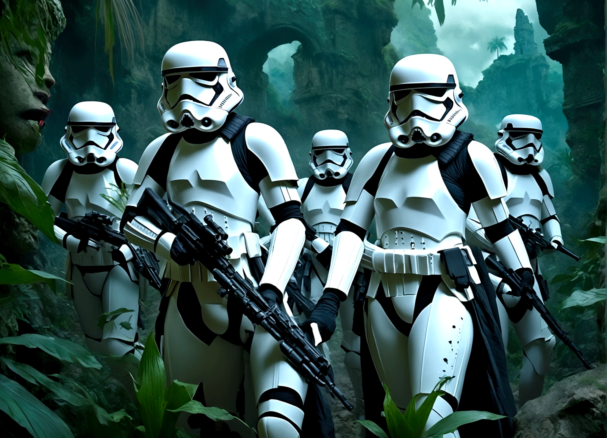 a highly detailed and realistic digital painting of a group of female storm troopers attacking a coven of lesbian witches in an ancient stone fortress in a remote jungle world, intricate details, hyperrealistic, dramatic lighting, moody atmosphere, cinematic composition, vibrant colors, masterpiece, (best quality,4k,8k,highres,masterpiece:1.2),ultra-detailed,(realistic,photorealistic,photo-realistic:1.37),highly detailed storm troopers in white armor, detailed faces and expressions, detailed weapons, detailed ancient stone fortress with crumbling arches, lush jungle foliage, detailed robed lesbian witches with nude figures underneath, dramatic lighting, cinematic composition, vibrant colors, dark moody atmosphere, fantasy, sci-fi, concept art