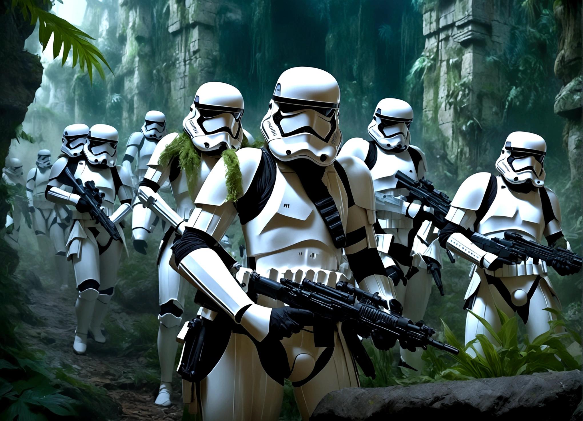 a highly detailed and realistic digital painting of a group of female storm troopers attacking a coven of lesbian witches in an ancient stone fortress in a remote jungle world, intricate details, hyperrealistic, dramatic lighting, moody atmosphere, cinematic composition, vibrant colors, masterpiece, (best quality,4k,8k,highres,masterpiece:1.2),ultra-detailed,(realistic,photorealistic,photo-realistic:1.37),highly detailed storm troopers in white armor, detailed faces and expressions, detailed weapons, detailed ancient stone fortress with crumbling arches, lush jungle foliage, detailed robed lesbian witches with nude figures underneath, dramatic lighting, cinematic composition, vibrant colors, dark moody atmosphere, fantasy, sci-fi, concept art
