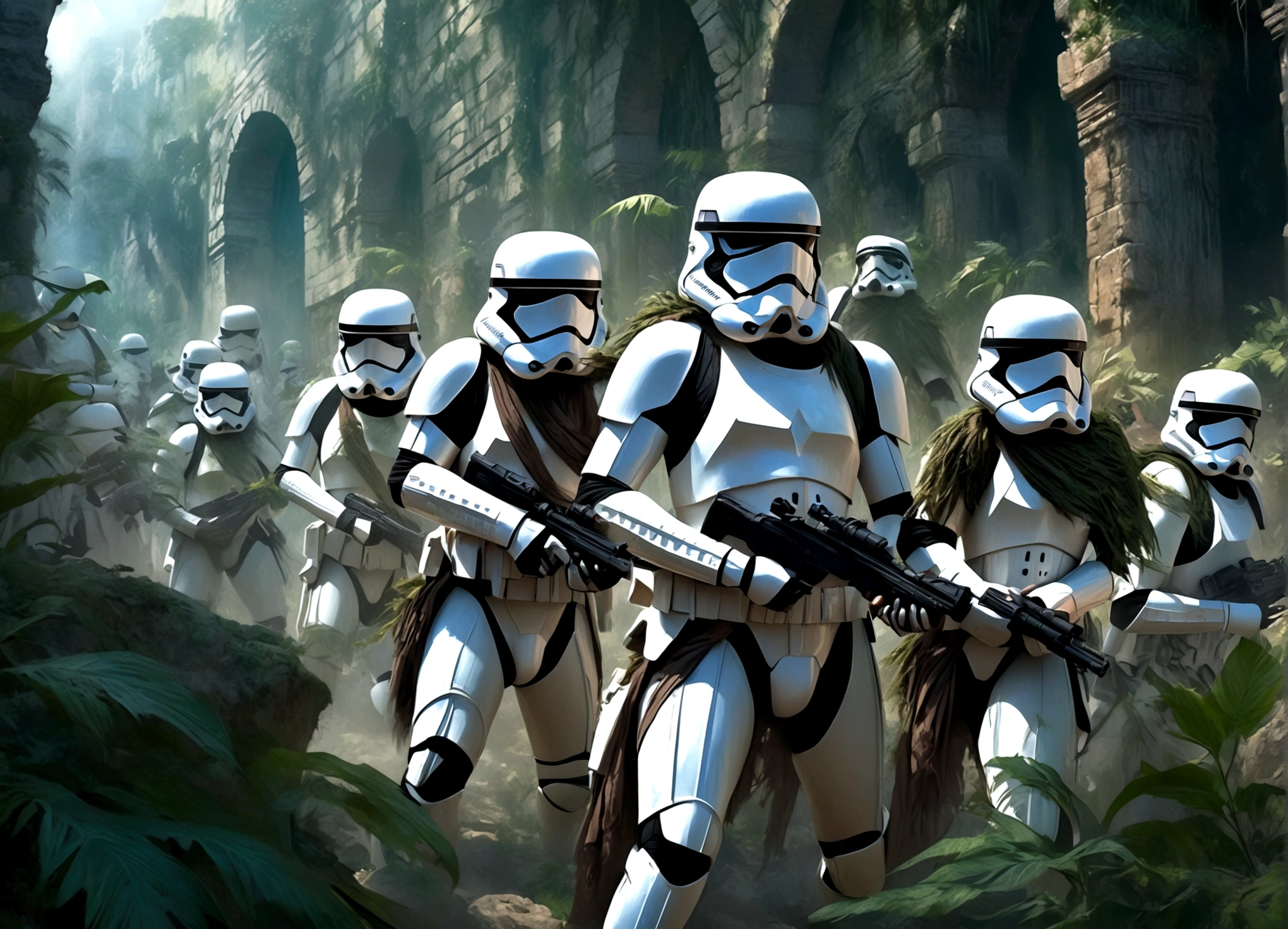 a highly detailed and realistic digital painting of a group of female storm troopers attacking a coven of lesbian witches in an ancient stone fortress in a remote jungle world, intricate details, hyperrealistic, dramatic lighting, moody atmosphere, cinematic composition, vibrant colors, masterpiece, (best quality,4k,8k,highres,masterpiece:1.2),ultra-detailed,(realistic,photorealistic,photo-realistic:1.37),highly detailed storm troopers in white armor, detailed faces and expressions, detailed weapons, detailed ancient stone fortress with crumbling arches, lush jungle foliage, detailed robed lesbian witches with nude figures underneath, dramatic lighting, cinematic composition, vibrant colors, dark moody atmosphere, fantasy, sci-fi, concept art