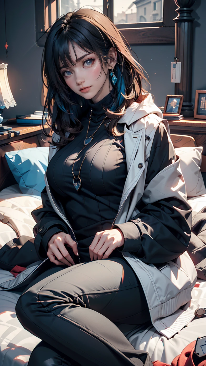 (Pixel art: 1.2), Beautiful Gothic Woman, Sexy Goth Girl, Designer sweatshirt coat with logo, pants, Short black hair with blue tips, Bedroom, Lying in bed, (By Isaac Quek: 0.8) [By Ilya Kuvshinov: 0.65]