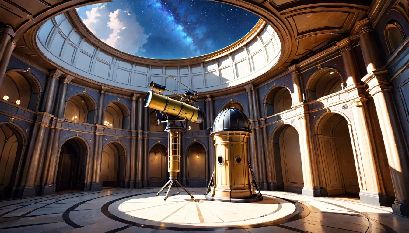 The 18th century telescope was located in an indoor observatory on the top floor of the building, with the side of the circular dome-shaped roof open, allowing a long telescope to be pointed diagonally upwards to observe the starry sky. Scholars gathered in the hollowed-out corridor surrounding the telescope, which rose up from the floor below, discussing something in the royal castle in the sky.