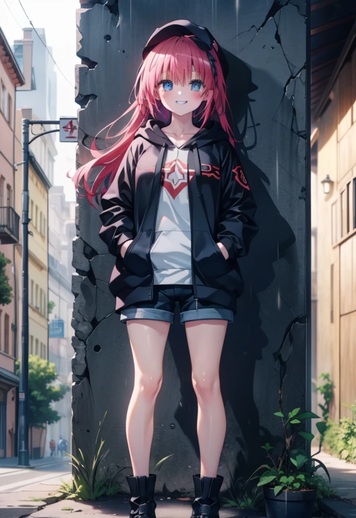 (masterpiece, Highest quality:1.2),shape,8K,High resolution,mea kurosaki,Mea Kurosaki,Redhead,Long Hair,Purple eyes,1 Girl,Baseball hats,Oversized black hoodie,Black shorts,short boots,Grin,smile,Both hands are in the pockets of the hoodie,Hiding in a roofed building,Standing leaning against a wall,rain,night,whole bodyがイラストに入るように,
break looking at viewer,whole body,
break indoors, Alley,
break (masterpiece:1.2), Highest quality, High resolution, ユニティ 8K 壁紙, (shape:0.8), (Beautiful and beautiful eyes:1.6), Highly detailed face, Perfect lighting, Highly detailed CG, (Perfect hands, Perfect Anatomy),