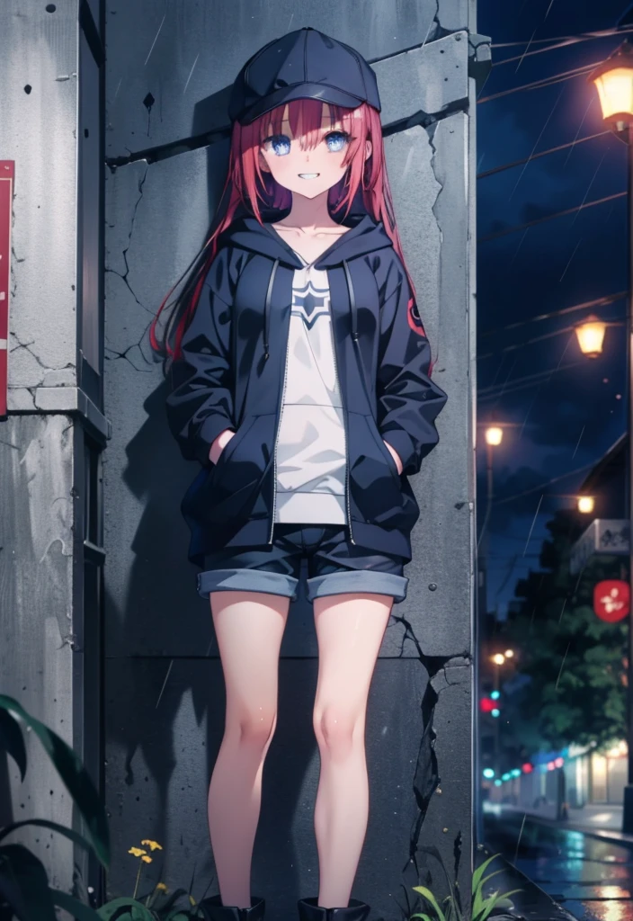 (masterpiece, Highest quality:1.2),shape,8K,High resolution,mea kurosaki,Mea Kurosaki,Redhead,Long Hair,Purple eyes,1 Girl,Baseball hats,Oversized black hoodie,Black shorts,short boots,Grin,smile,Both hands are in the pockets of the hoodie,Hiding in a roofed building,Standing leaning against a wall,rain,night,whole bodyがイラストに入るように,
break looking at viewer,whole body,
break indoors, Alley,
break (masterpiece:1.2), Highest quality, High resolution, ユニティ 8K 壁紙, (shape:0.8), (Beautiful and beautiful eyes:1.6), Highly detailed face, Perfect lighting, Highly detailed CG, (Perfect hands, Perfect Anatomy),