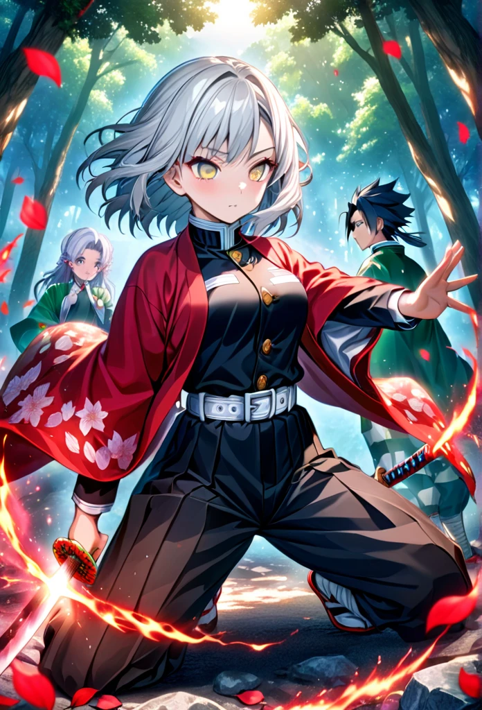 Ultra detailed, high resolution, absurd, HDR, masterpiece, anime girl and boy, beautiful woman with long white hair with deep red streaks, girl with yellow eyes, the girl is wearing a red haori, black demon slayer uniform, Kimetsu No Yaiba, fantasy, petals, red flowers, beautiful, Tomioka Giyu, Water Hashira, Tomioka is training the girl using katanas, Hashira training, magic, sun, daylight, forest, best quality, extremely detailed face, anime, They are training in the demon slayer corps, attack position, Tomioka Giyu is fighting with the girl with white hair, he is her teacher 