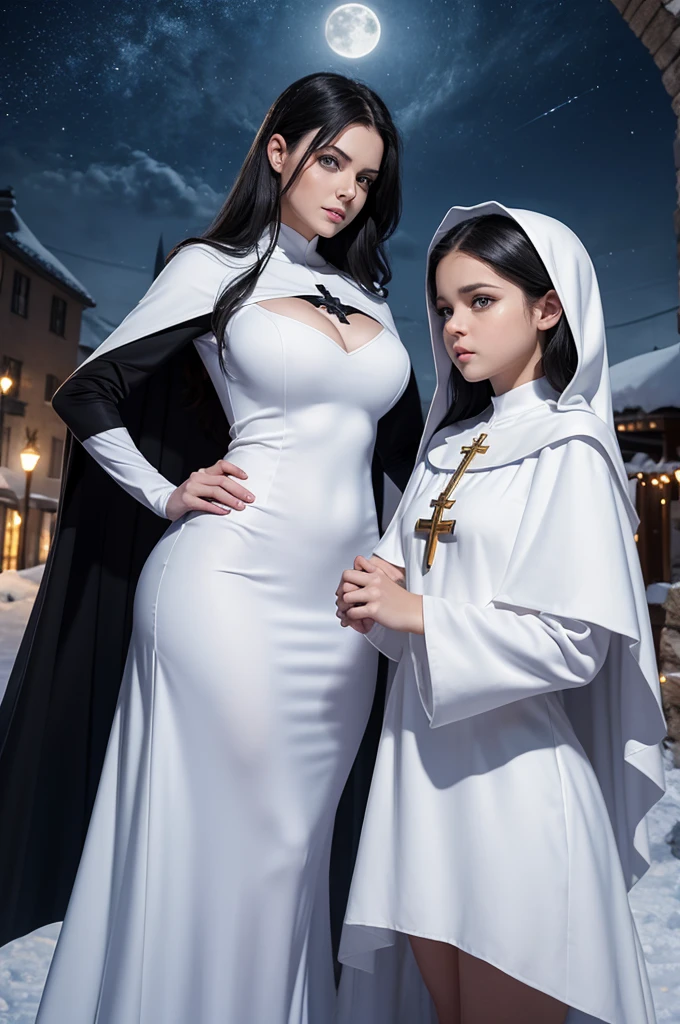 mother and daughter break: mother, super villain, mature woman , black hair , blue eyes, detailed face , sexy, curvy, tall, white woman, dress with cape, desing with christian cross
break: daughter, girl, very small breats, teenager, 1.3, super villain, lolita, with black hair and blue eyes, detailed face , sexy, white woman, dress with cape, desing with christian cross , background in snow , moon behind

