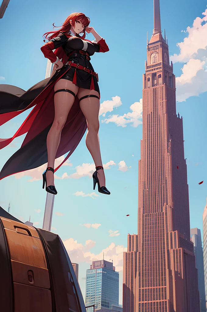 a giantess woman with red hair towering over a city and destroying it with her body