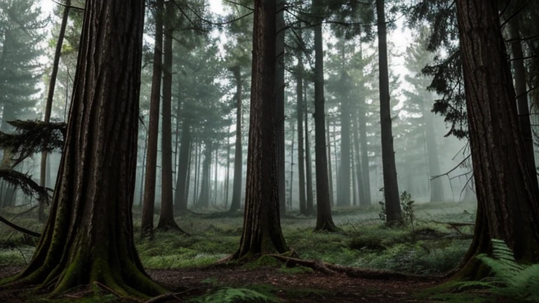 Mysterious and dark trees in a sinister forest with a lot of vegetation