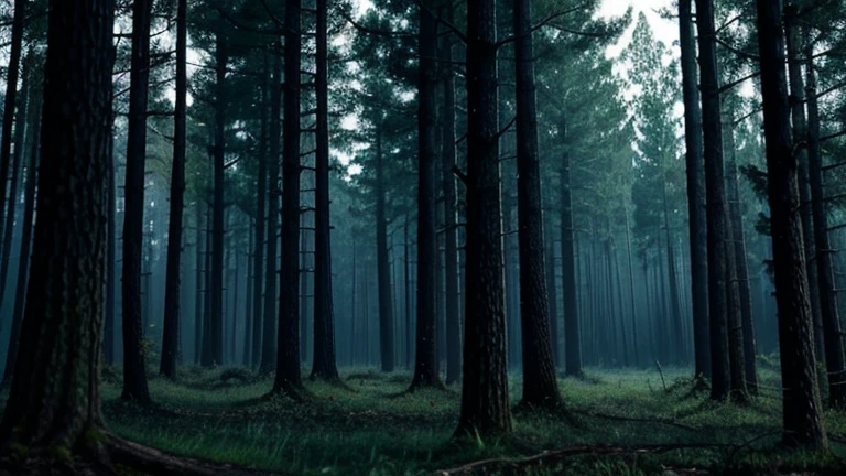 Mysterious and dark trees in a sinister forest with a lot of vegetation