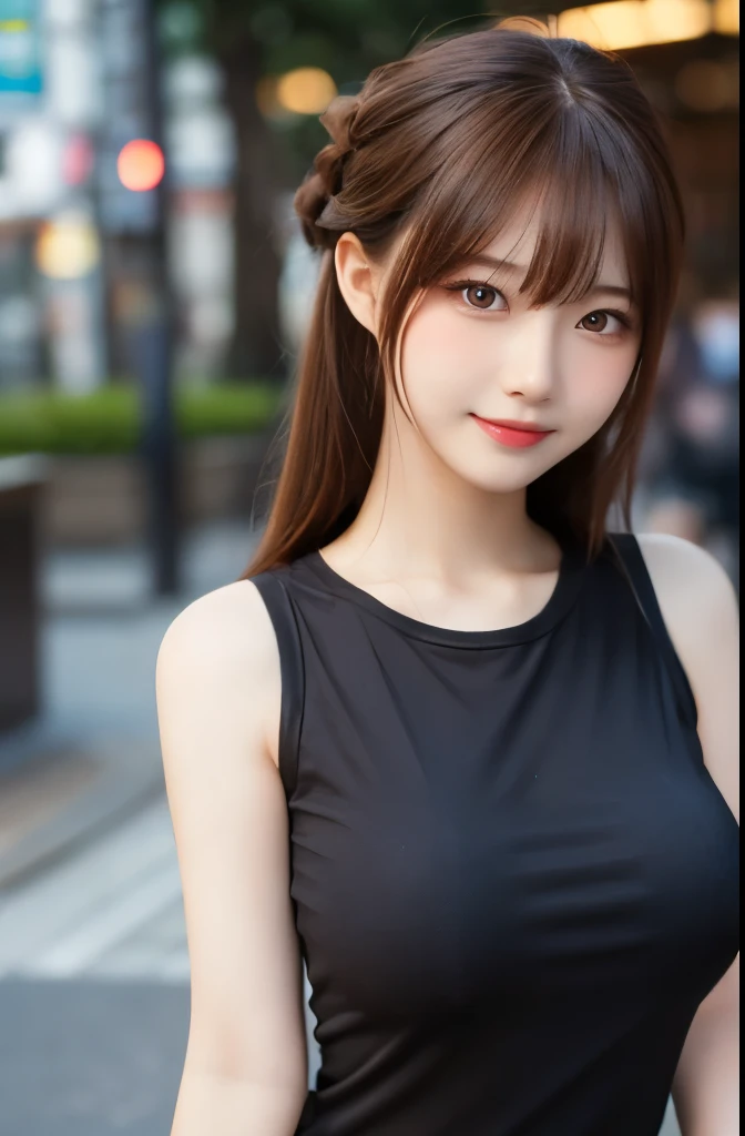 (masterpiece:1.2,Highest quality),Blur the background,1 female college student,((Cute casual clothes)),Large Breasts,((Sculpture Pose)),((Beautiful Eyes)),Blushed,Healthy Skin,Observe the audience,(smile),(Shibuya Ward),8K resolution