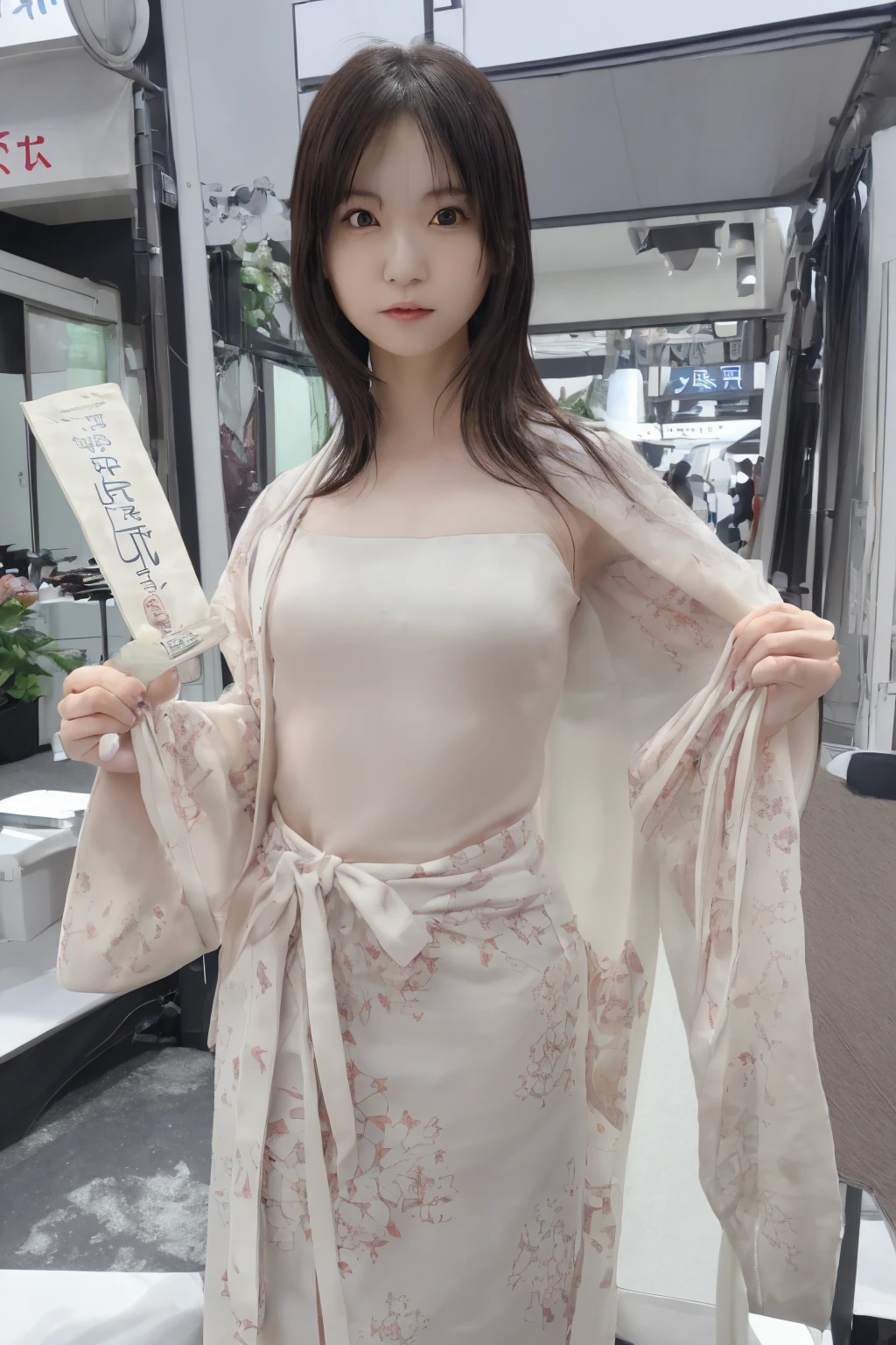 Beautiful fair-skinned Japanese female model Re:I&#39;m cosplaying as Emilia from Zero - Starting Life in Another World.。She has pointy elven ears。She is in the palace room.。Next to her is a cute gray cat holding a purple bag floating in the air。She was 20 years old、Has long white hair with bangs、Has pale purple eyes。She has a white flower in her hair。She was wearing a white dress and thigh-high white boots.、She&#39;s wearing a green diamond necklace。Full Body Shot、Distant shots。Hyperrealistic、Photorealistic、8k --s 750 --style raw