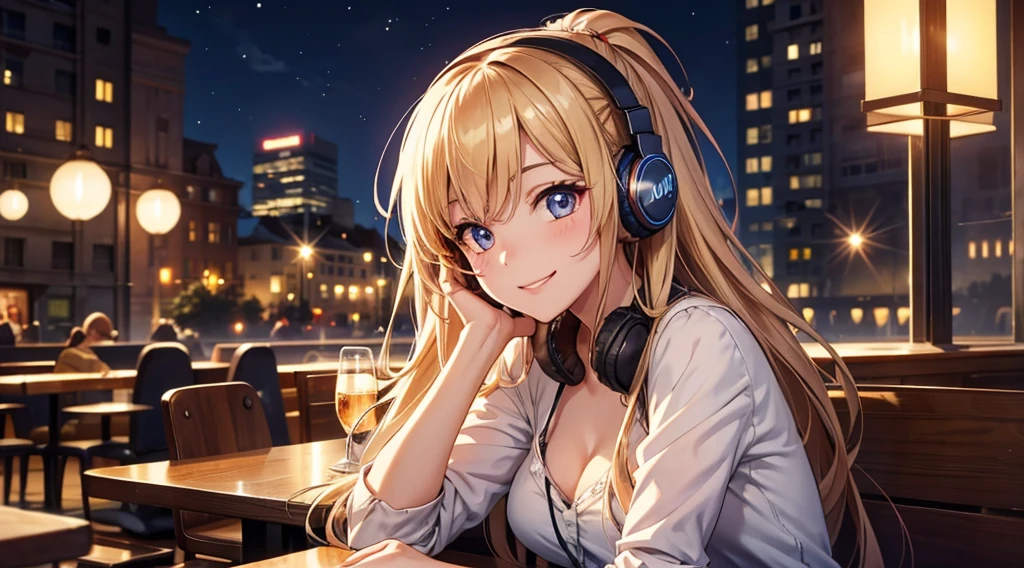 Girl with headphones enjoying music in a cafe I am studying Emphasize a little bit of the chest Looking this way and smiling Night Background