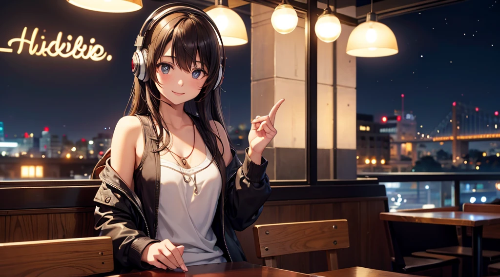 Girl with headphones enjoying music in a cafe I am studying Emphasize a little bit of the chest Looking this way and smiling Night Background