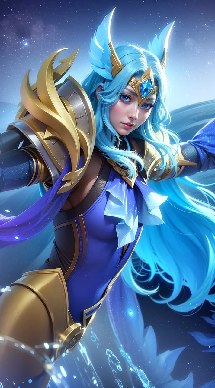 a woman in a blue outfit holding a sword and a sword, ashe, queen of ice and storm, ice sorceress, freezing blue skin, irelia, jaina proudmoore, extremely detailed artgerm, ig model | artgerm, seraphine ahri kda, mobile legends, crystalline skin, ice mage, splash art, 8k, ultra hd, ultra detailed texture, hyper realistic, masterpiece, detailed texture, detailed face, detailed skin, detailed lighting, (photorealistic:1.5), best quality, beautiful lighting, cinematic lighting, professional lighting, ultra highres, realistic, detailed hair, real hair, high quality, (realskin:1.5), extremely detailed, finely detail, ultra-detailed, glare, blue eyes