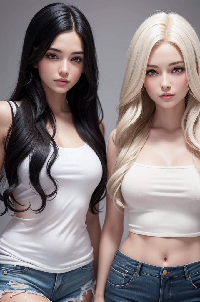 A realistic drawing of a white girl with wavy black hair , and a white blonde with straight hair