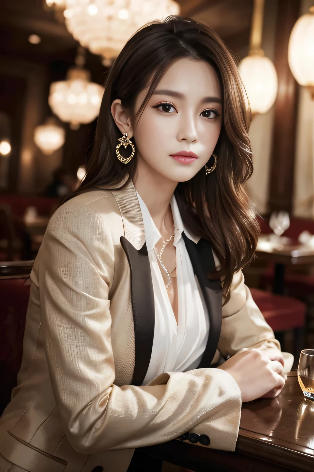 masterpiece, Highest quality, Realistic, Very detailed, Finer details, High resolution, 8k wallpaper, One beautiful woman,Wear a nice suit, In a great restaurant, At night, Light brown messy hair, Perfect dynamic composition, Beautiful and beautiful eyes、Big earrings、Sit on a chair