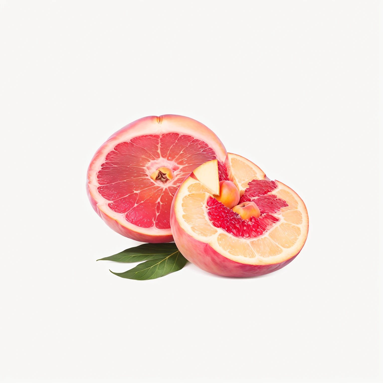 there is a half of a peach with a leaf on it, peach, peaches, a human-like juicy peach, peach embellishment, glowing peach face, she is easting a peach, Digital Rendering, in shades of peach, fruit, peach and goma style, Product Image, 2D, 2 d, apple, Hot ,, detailed, she is eating a peach